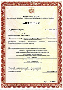 Лицензия на экспертизу промышленных объектов компанией «ЦНИИКА». Страница №1.